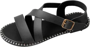 Womens Sandals Comfortable Wide Leather Crisscross Summer Square Toe Flat Slide Sandals