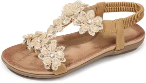 Womens Sandals Shoes Comfort Walking Casual Summer Beach Shoes Dress Ankle Elastic Flower Jeweled Bohemian Wedding Flats