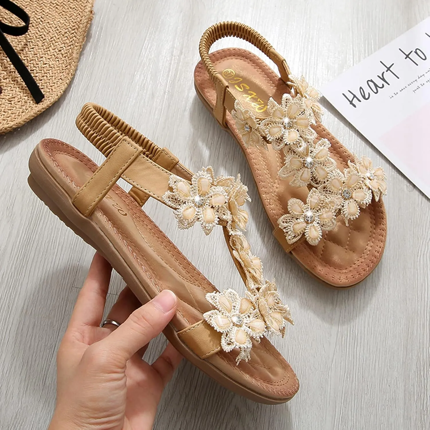 Womens Sandals Shoes Comfort Walking Casual Summer Beach Shoes Dress Ankle Elastic Flower Jeweled Bohemian Wedding Flats