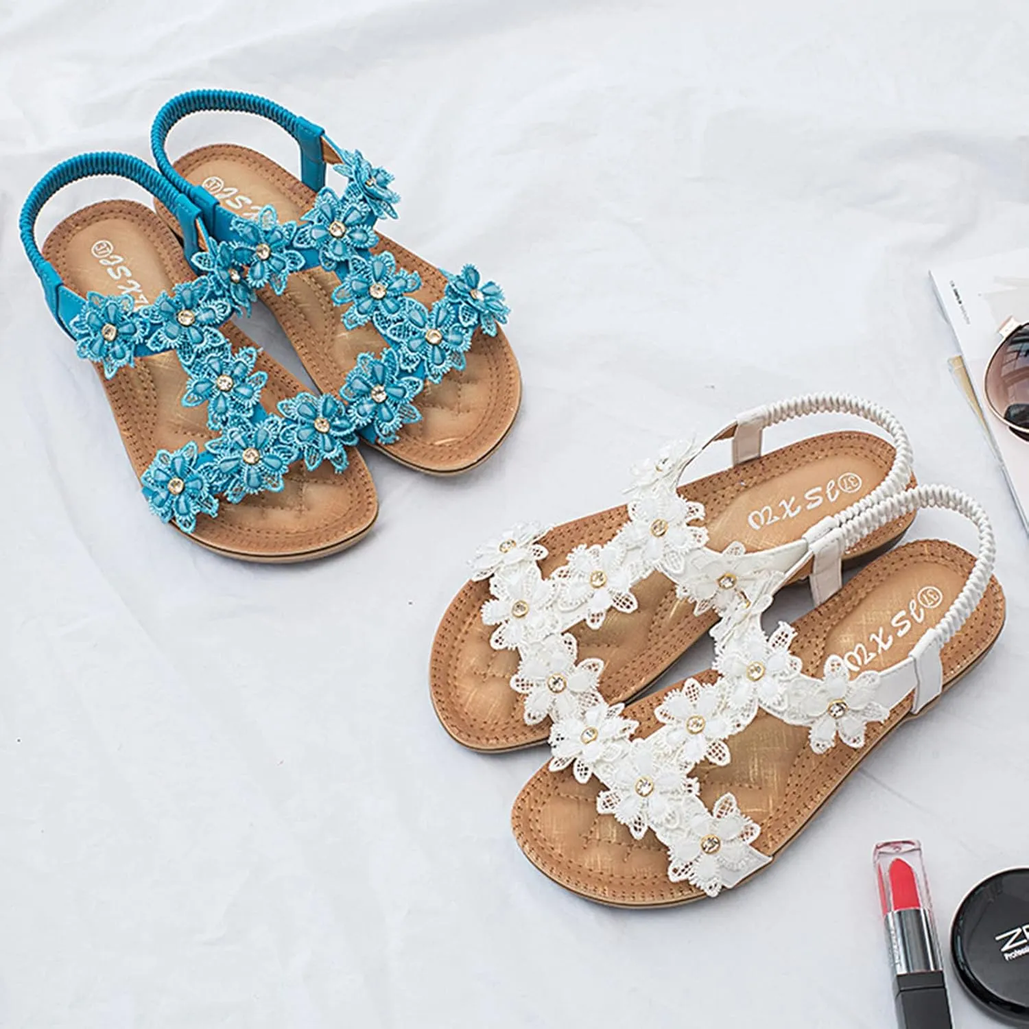 Womens Sandals Shoes Comfort Walking Casual Summer Beach Shoes Dress Ankle Elastic Flower Jeweled Bohemian Wedding Flats