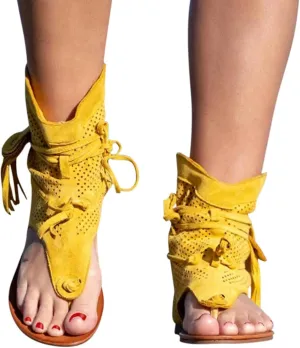 Womens Sandals, Women's Sandals Tassel Ankle Boots, Retro Bohemian Sandals Beach Travel Shoes Clip Toe Flip Flops High Top Flat Casual Dressy Sandals