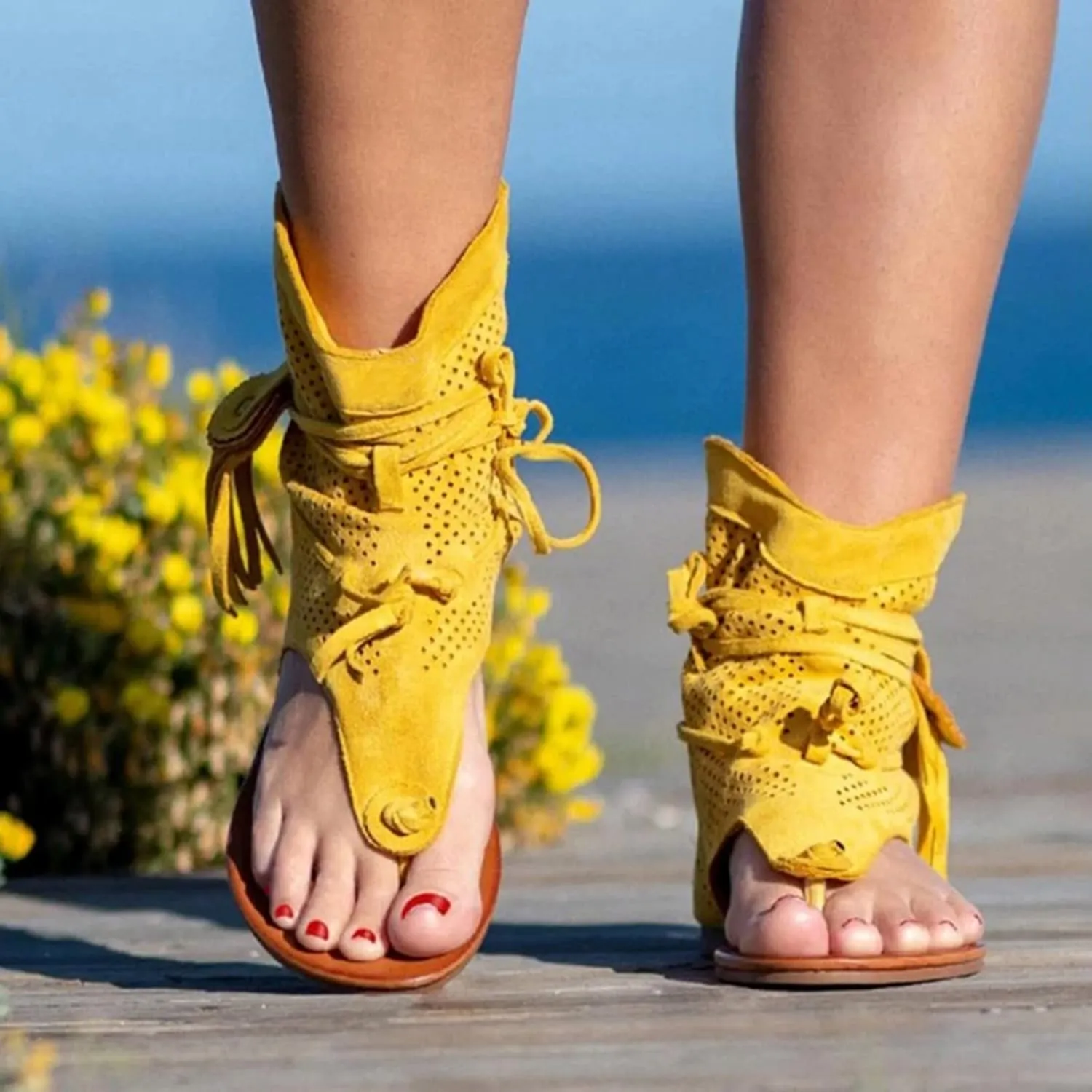 Womens Sandals, Women's Sandals Tassel Ankle Boots, Retro Bohemian Sandals Beach Travel Shoes Clip Toe Flip Flops High Top Flat Casual Dressy Sandals