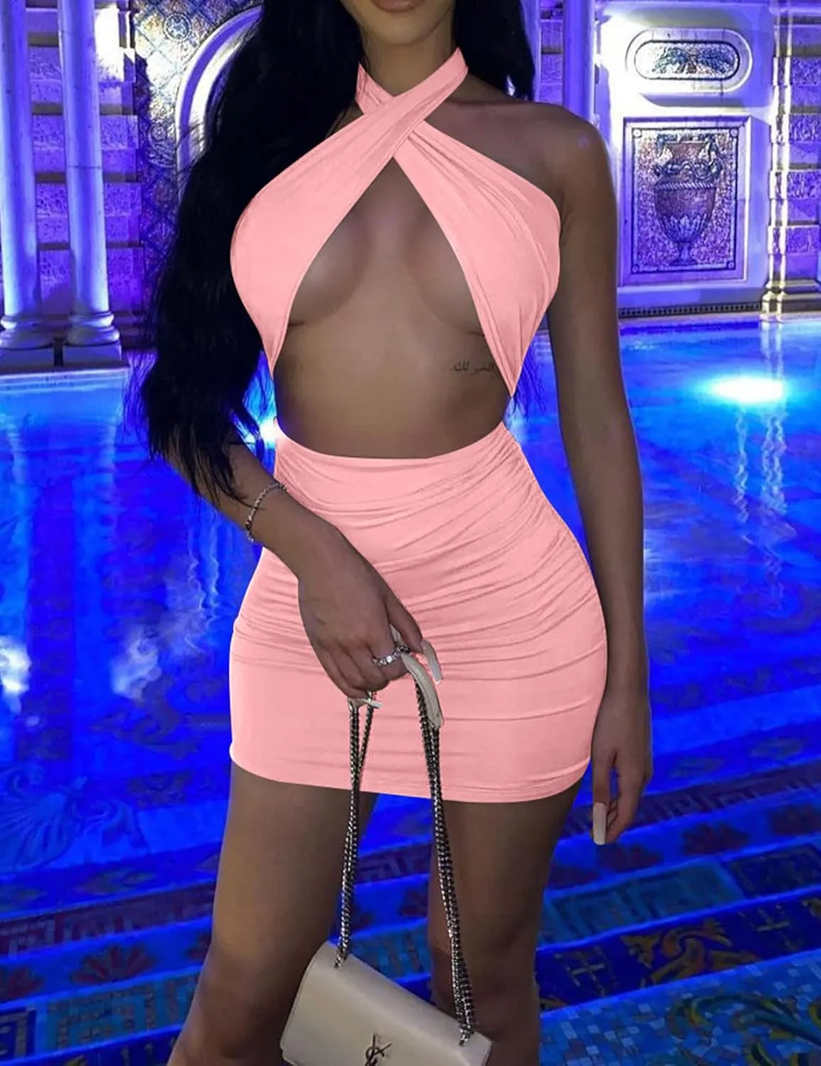 Women's Sexy Ruched Bodycon Halter Criss Cross Cut Out Backless Mini Club Party Dresses