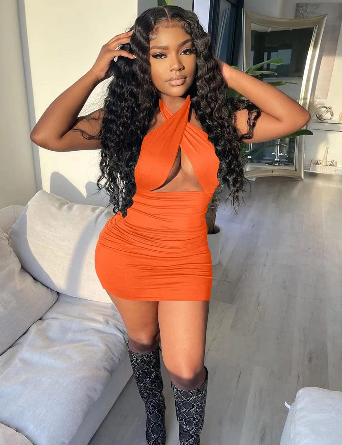 Women's Sexy Ruched Bodycon Halter Criss Cross Cut Out Backless Mini Club Party Dresses