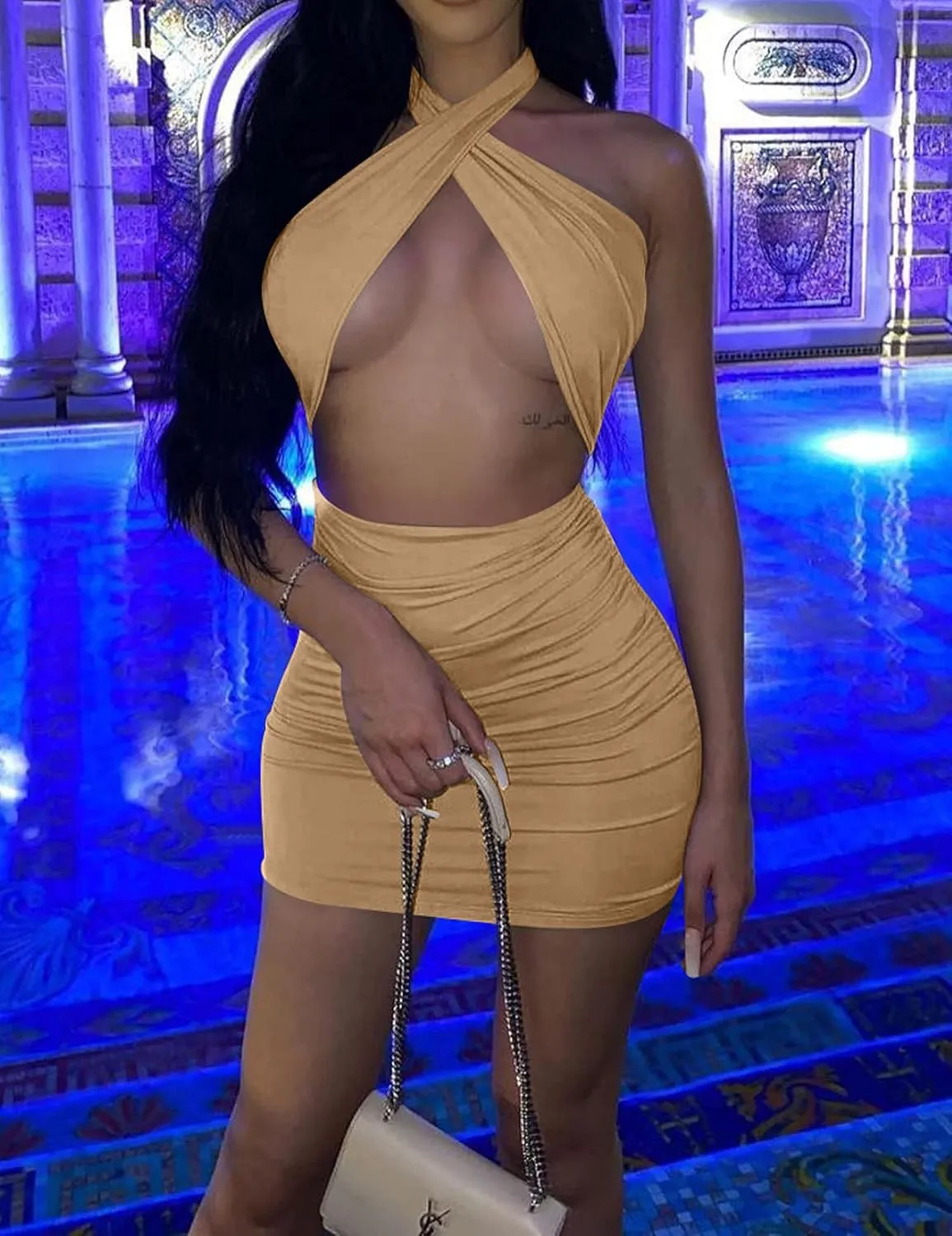 Women's Sexy Ruched Bodycon Halter Criss Cross Cut Out Backless Mini Club Party Dresses