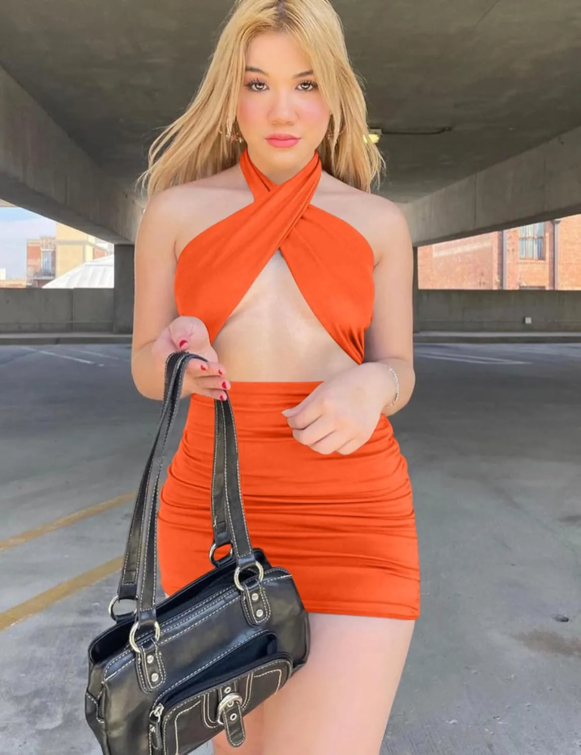Women's Sexy Ruched Bodycon Halter Criss Cross Cut Out Backless Mini Club Party Dresses