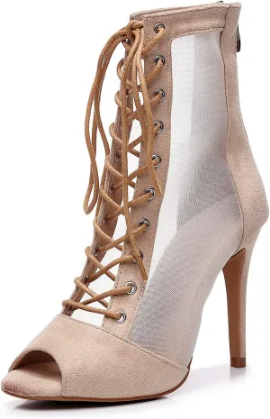 Women's Sexy Stilettos High Heel 3.5" Dance Heels Fashion Mesh Dancing Boots Sexy Lace Up Ankle Peep Toe Dance Booties