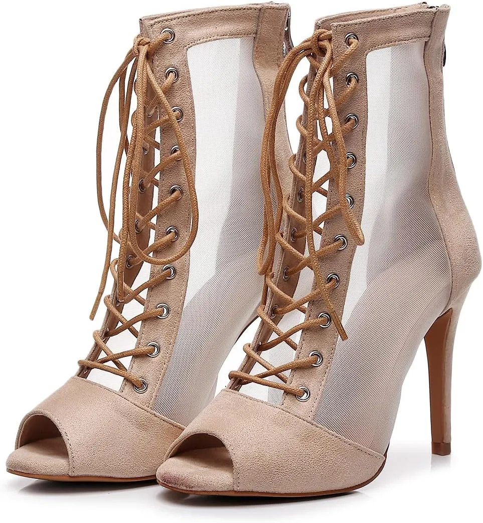 Women's Sexy Stilettos High Heel 3.5" Dance Heels Fashion Mesh Dancing Boots Sexy Lace Up Ankle Peep Toe Dance Booties