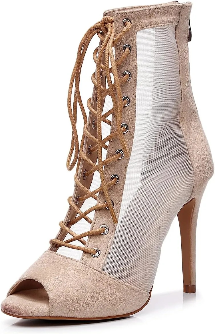 Women's Sexy Stilettos High Heel 3.5" Dance Heels Fashion Mesh Dancing Boots Sexy Lace Up Ankle Peep Toe Dance Booties