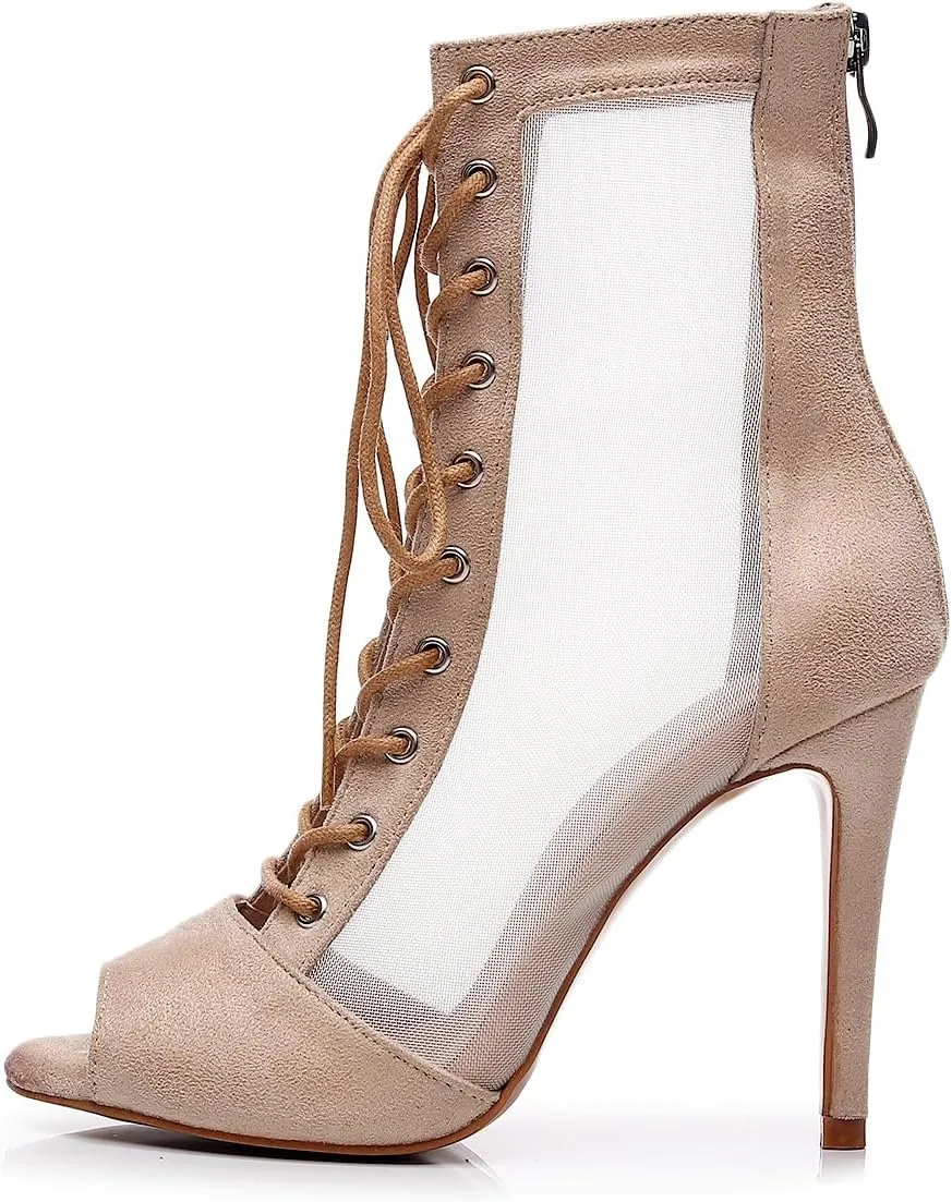 Women's Sexy Stilettos High Heel 3.5" Dance Heels Fashion Mesh Dancing Boots Sexy Lace Up Ankle Peep Toe Dance Booties