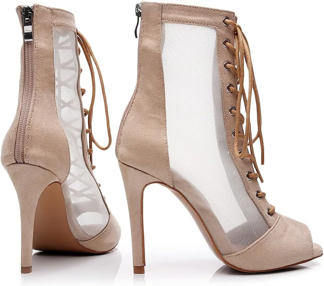 Women's Sexy Stilettos High Heel 3.5" Dance Heels Fashion Mesh Dancing Boots Sexy Lace Up Ankle Peep Toe Dance Booties