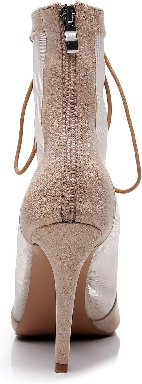 Women's Sexy Stilettos High Heel 3.5" Dance Heels Fashion Mesh Dancing Boots Sexy Lace Up Ankle Peep Toe Dance Booties