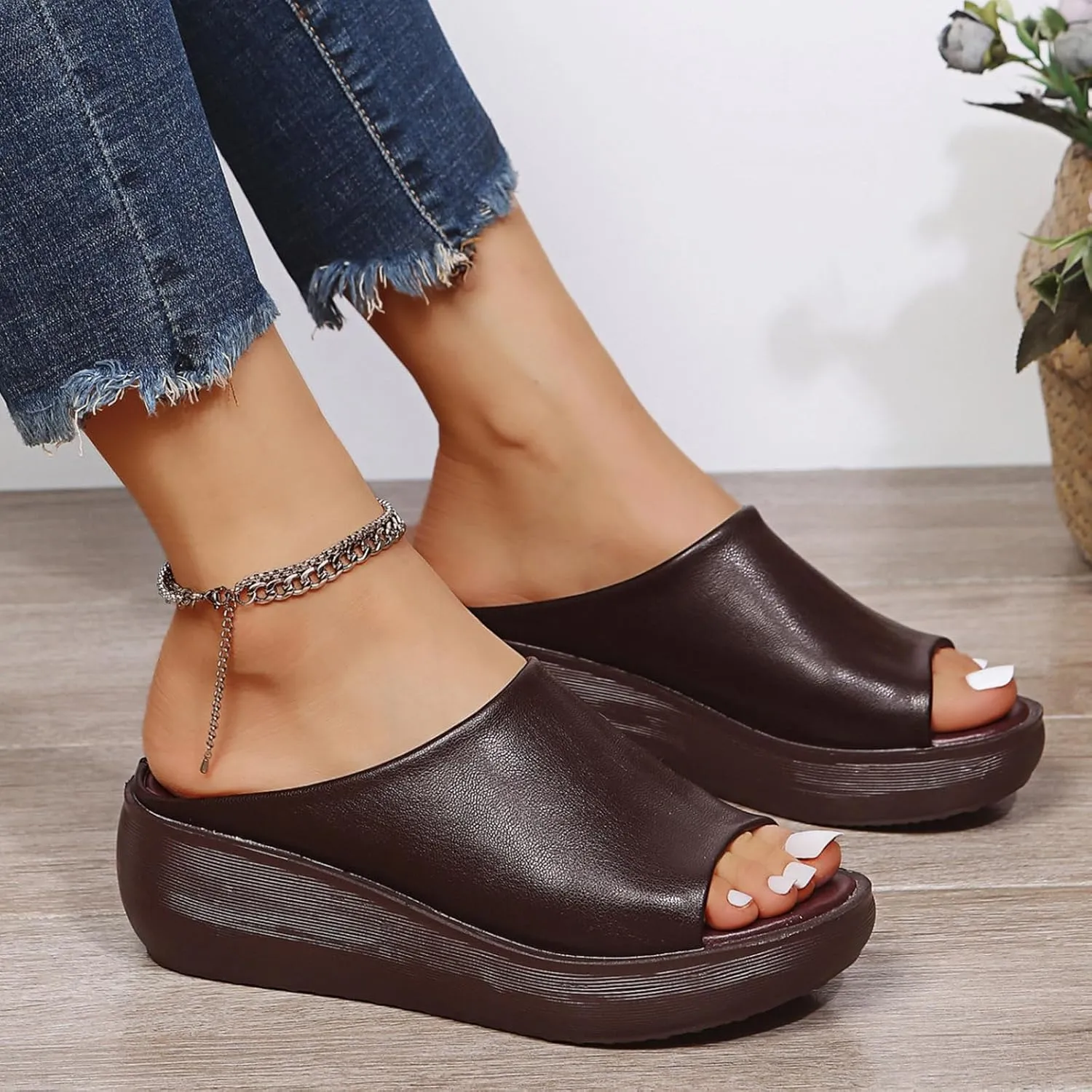 Women's Slip-On Platform Wedge High Heel Sandals Comfortable Soft Fashion Open Toe Slippers Casual Outdoor Shoes Orthopedic Summer Orthotic Leather Wedges Dressy Arch Support Slip New Slides