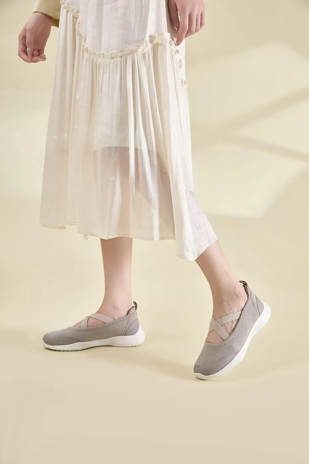 Women's Slip On Walking Shoes Knit Cross Belt Low-Wedge Dressy Ballet Flats Comfortable Sneakers