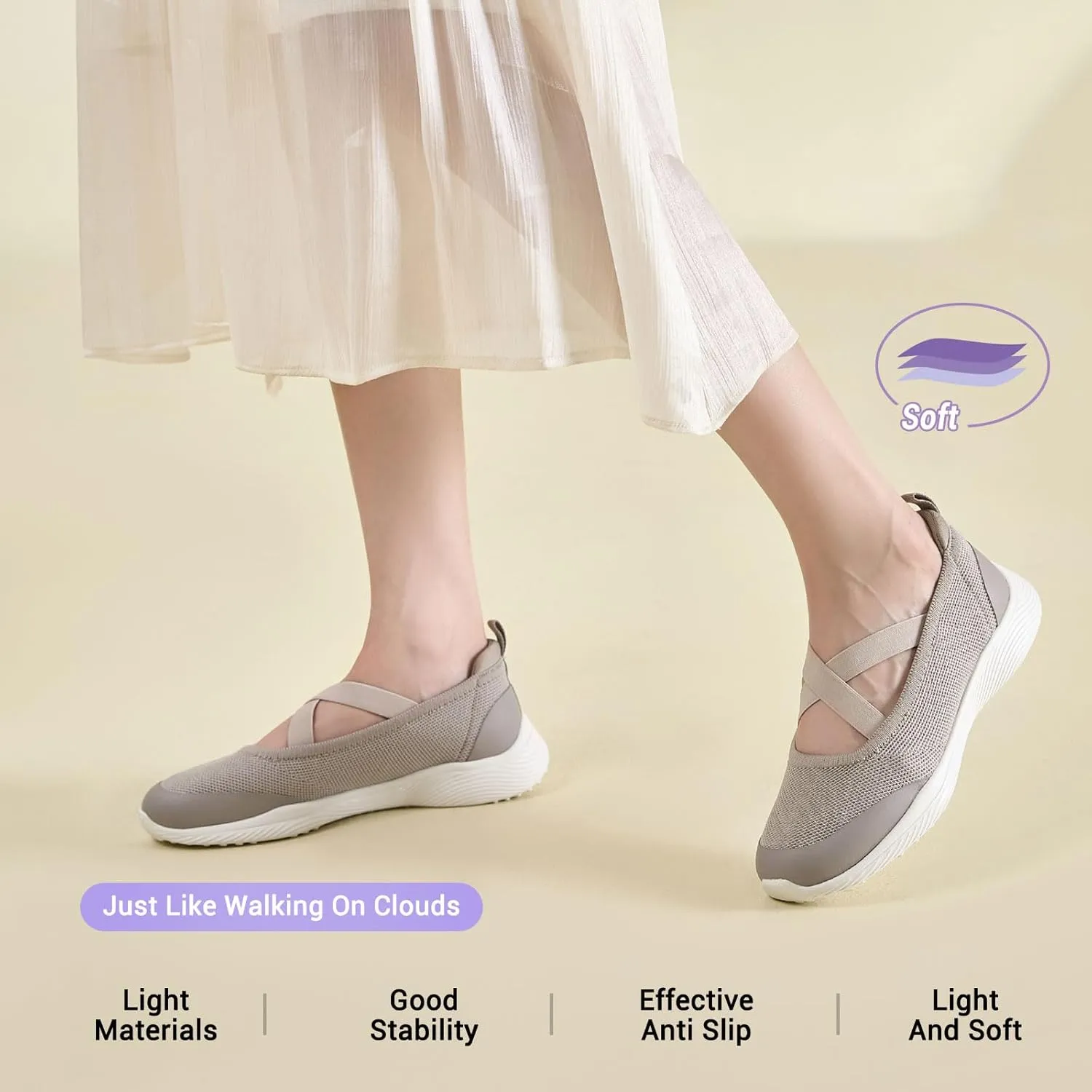 Women's Slip On Walking Shoes Knit Cross Belt Low-Wedge Dressy Ballet Flats Comfortable Sneakers