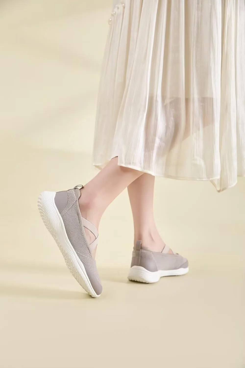 Women's Slip On Walking Shoes Knit Cross Belt Low-Wedge Dressy Ballet Flats Comfortable Sneakers