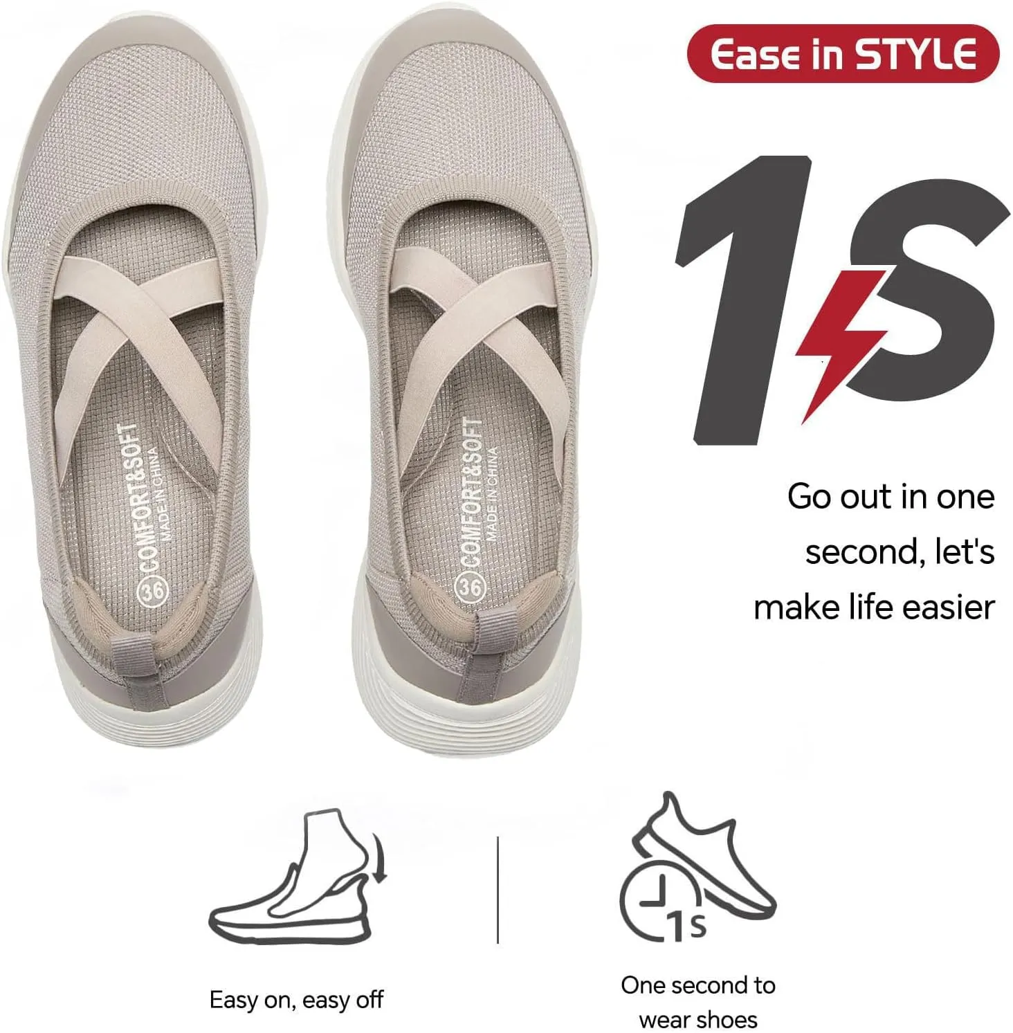 Women's Slip On Walking Shoes Knit Cross Belt Low-Wedge Dressy Ballet Flats Comfortable Sneakers