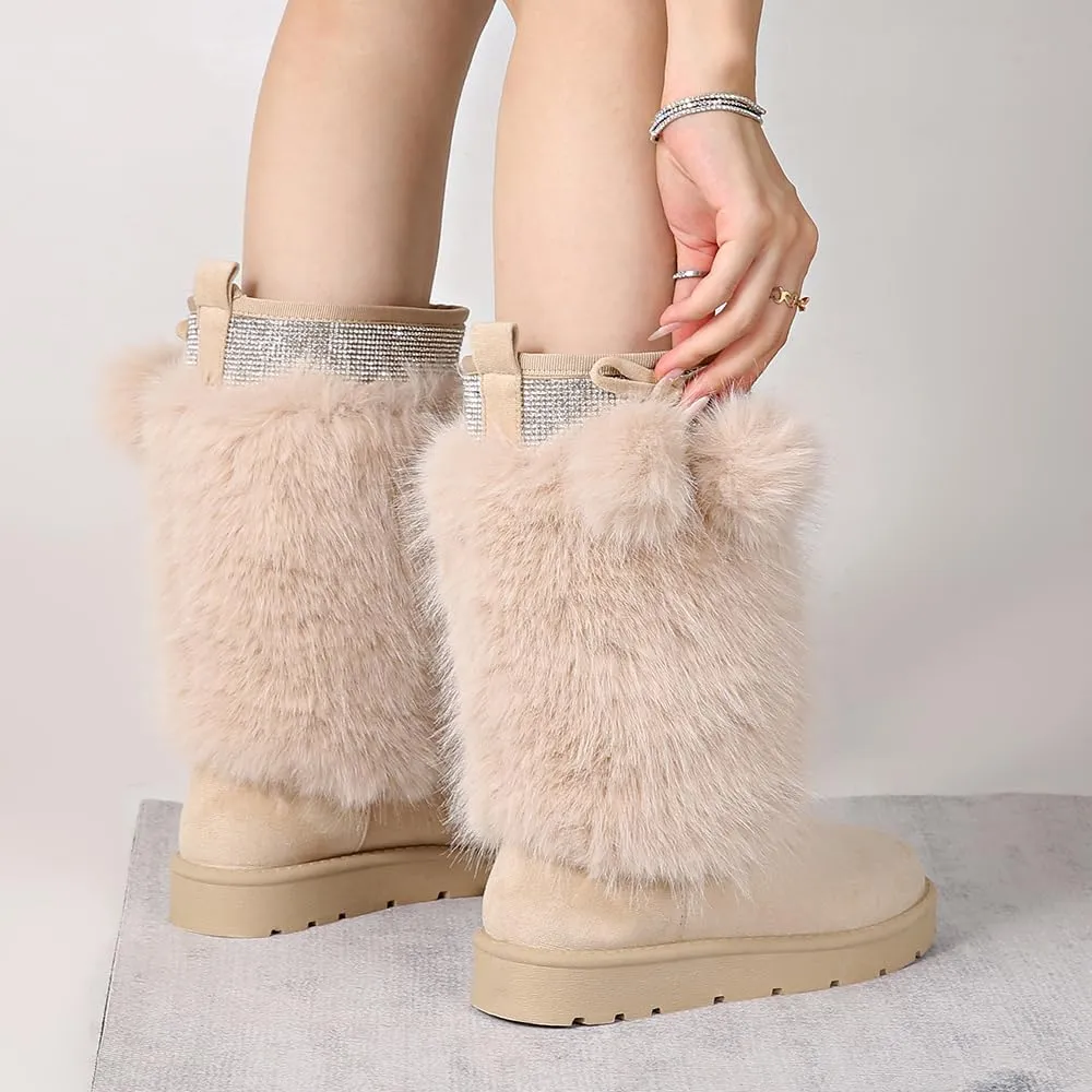 Women’s Snow Boots Mid-Calf Fur Lining Comfortable Winter Boots Flat Outdoor