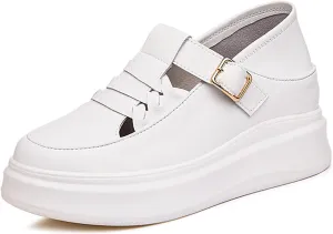 Women's Soft Leather Platform Height Increasing Sneakers,Fashion Hollow Woven Hook & Loop Breathable Round Toe Casual Walking Shoes Outdoor Comfortable Slip on Sandals
