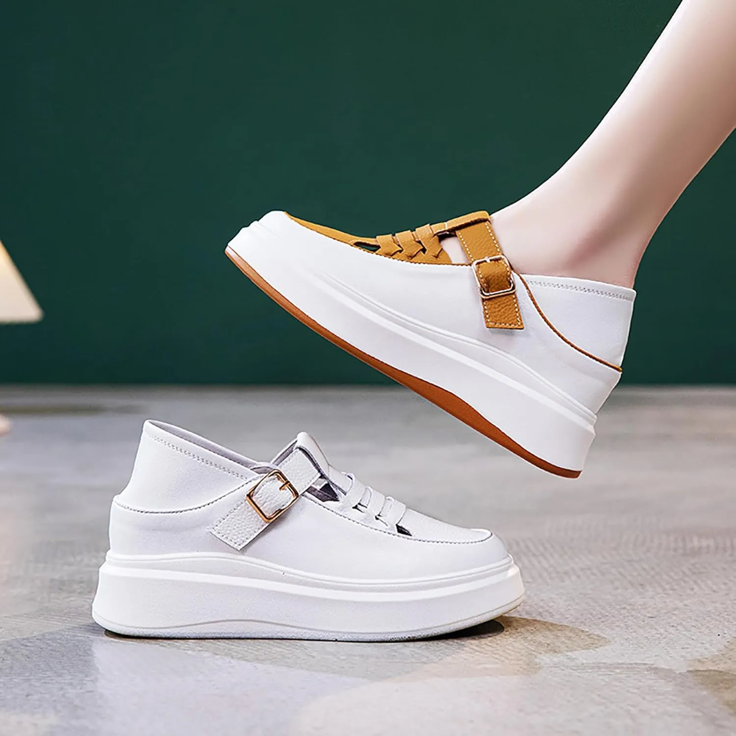 Women's Soft Leather Platform Height Increasing Sneakers,Fashion Hollow Woven Hook & Loop Breathable Round Toe Casual Walking Shoes Outdoor Comfortable Slip on Sandals