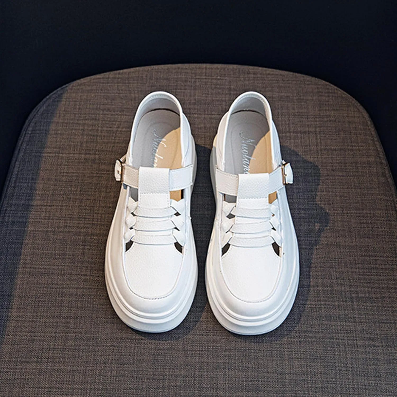 Women's Soft Leather Platform Height Increasing Sneakers,Fashion Hollow Woven Hook & Loop Breathable Round Toe Casual Walking Shoes Outdoor Comfortable Slip on Sandals