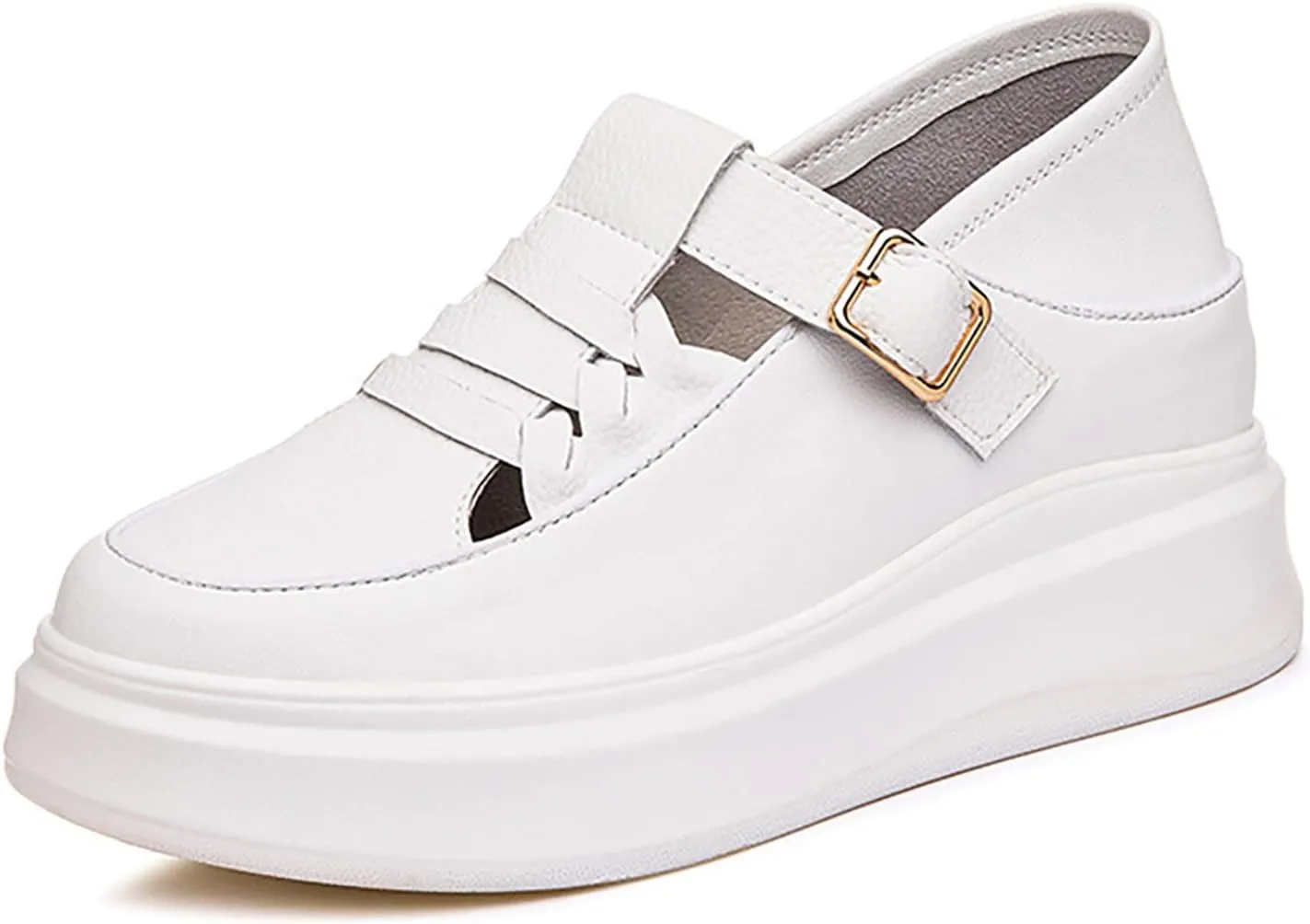 Women's Soft Leather Platform Height Increasing Sneakers,Fashion Hollow Woven Hook & Loop Breathable Round Toe Casual Walking Shoes Outdoor Comfortable Slip on Sandals