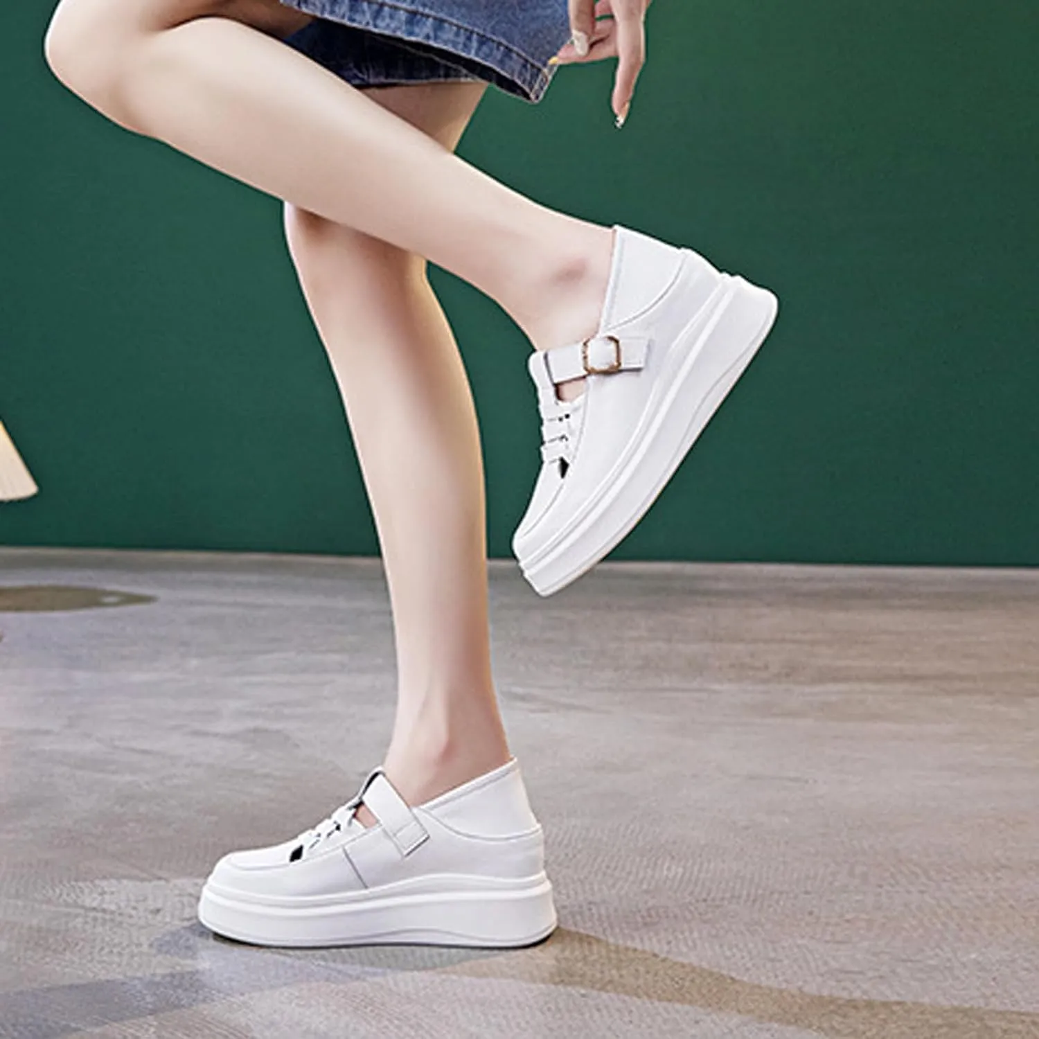Women's Soft Leather Platform Height Increasing Sneakers,Fashion Hollow Woven Hook & Loop Breathable Round Toe Casual Walking Shoes Outdoor Comfortable Slip on Sandals