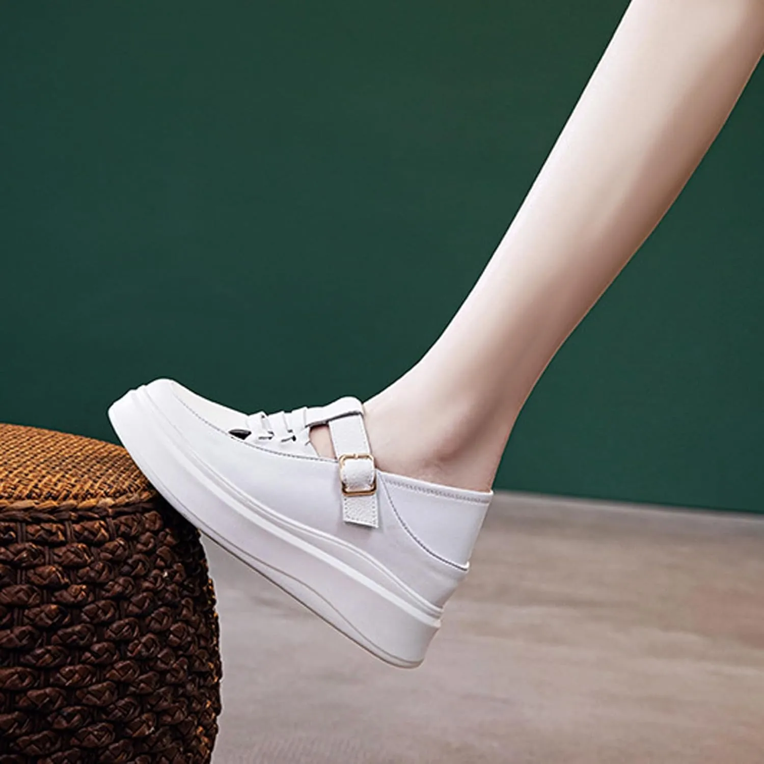 Women's Soft Leather Platform Height Increasing Sneakers,Fashion Hollow Woven Hook & Loop Breathable Round Toe Casual Walking Shoes Outdoor Comfortable Slip on Sandals