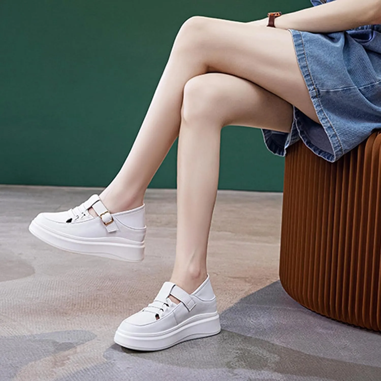 Women's Soft Leather Platform Height Increasing Sneakers,Fashion Hollow Woven Hook & Loop Breathable Round Toe Casual Walking Shoes Outdoor Comfortable Slip on Sandals