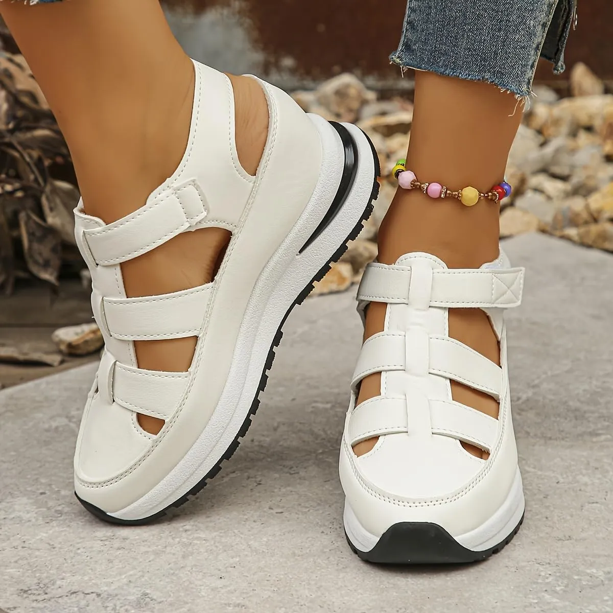 Womens Soft Sole Platform Sandals, Round Toe Comfortable Casual Walking Shoes, Hollow Wedge Breathable Sandals
