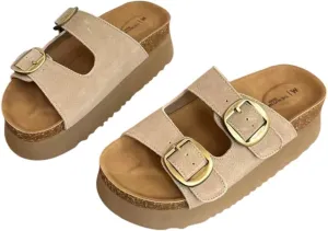 Women's Solid Color Thick Sole Comfort Slides Double Buckle Adjustable Casual Soft Beach Flat Sandals
