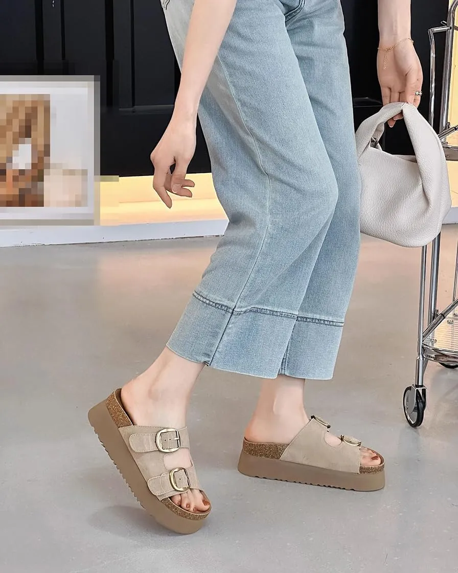 Women's Solid Color Thick Sole Comfort Slides Double Buckle Adjustable Casual Soft Beach Flat Sandals