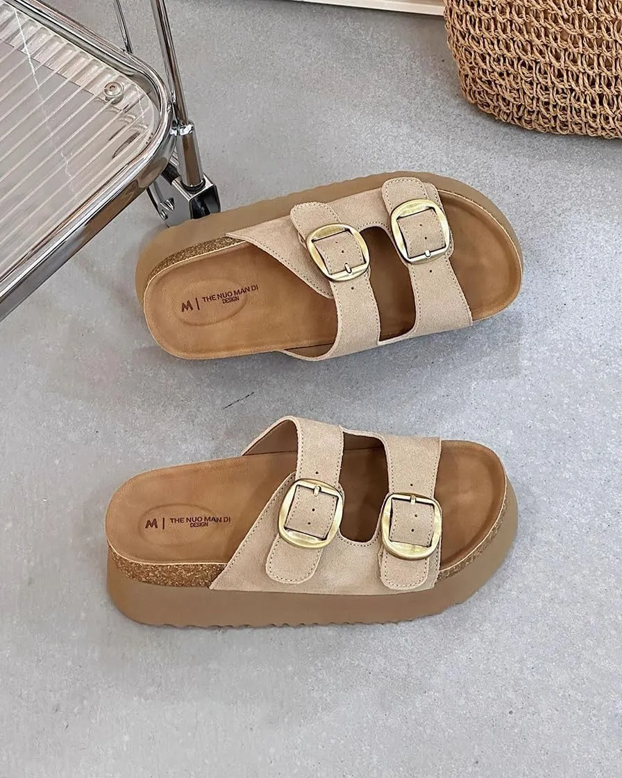 Women's Solid Color Thick Sole Comfort Slides Double Buckle Adjustable Casual Soft Beach Flat Sandals