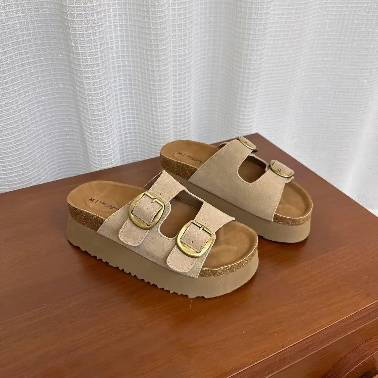 Women's Solid Color Thick Sole Comfort Slides Double Buckle Adjustable Casual Soft Beach Flat Sandals