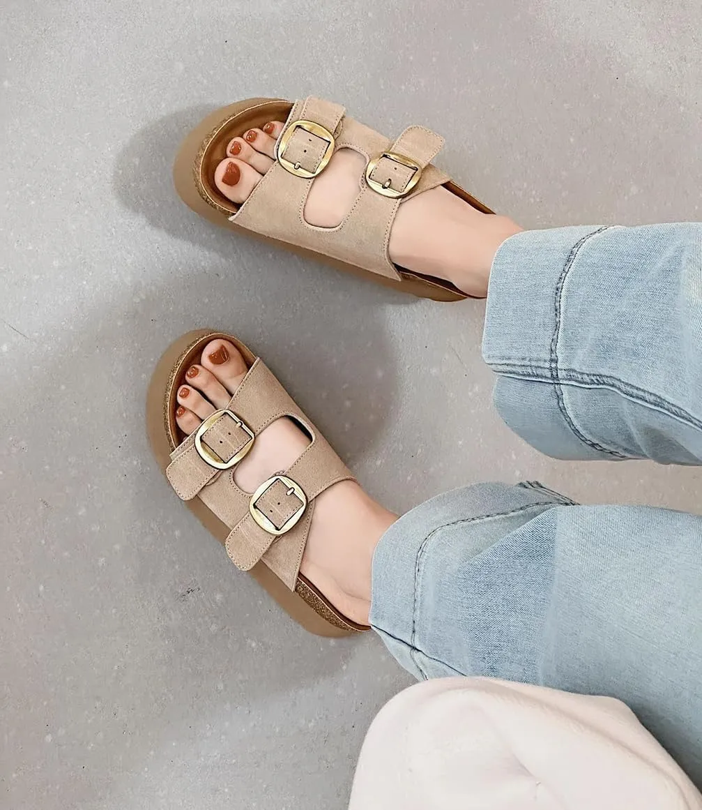 Women's Solid Color Thick Sole Comfort Slides Double Buckle Adjustable Casual Soft Beach Flat Sandals