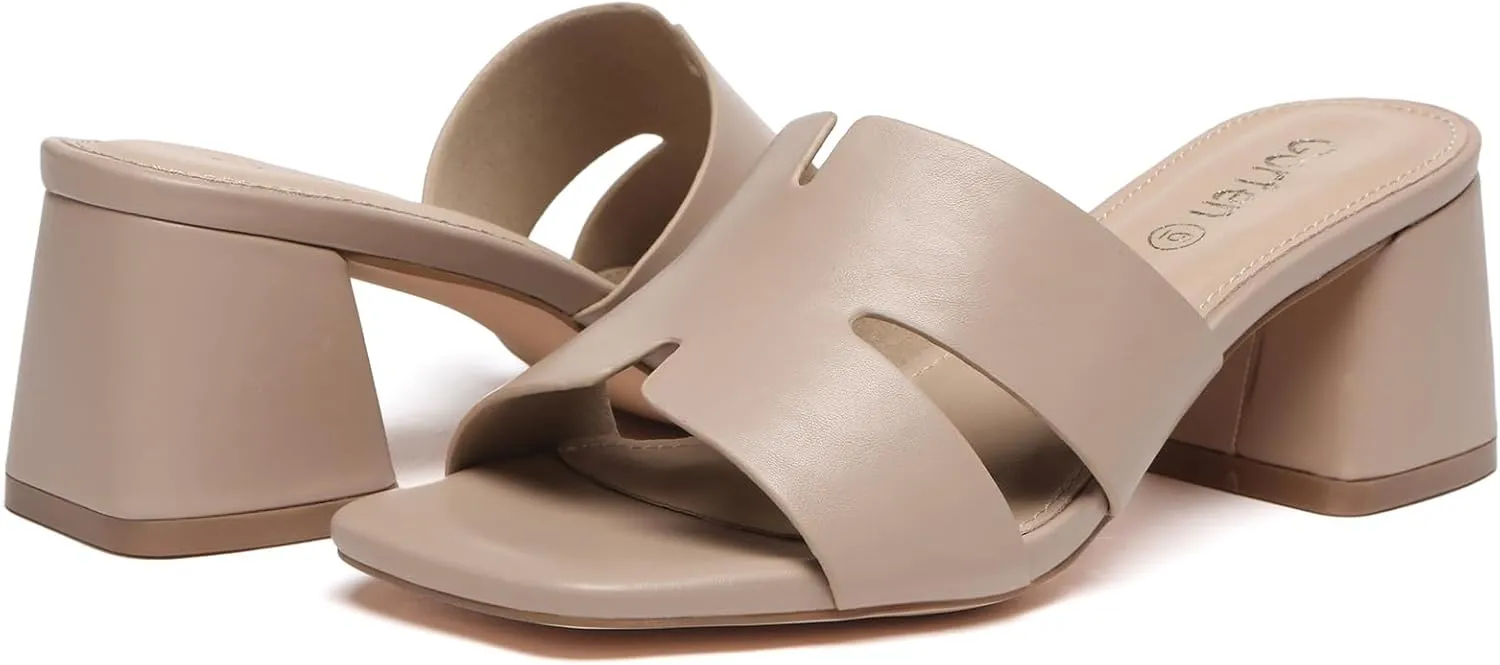 Women's Square Open Toe Sandals Low Block Chunky Heel Slip on Comfortable Casual Sandals for Daily Wear