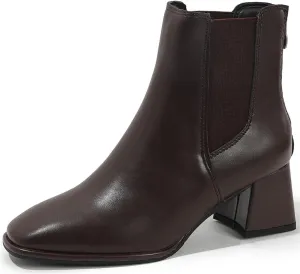 Womens Square Toe Ankle Boots Back Zipper Chunky Heel Chelsea Booties