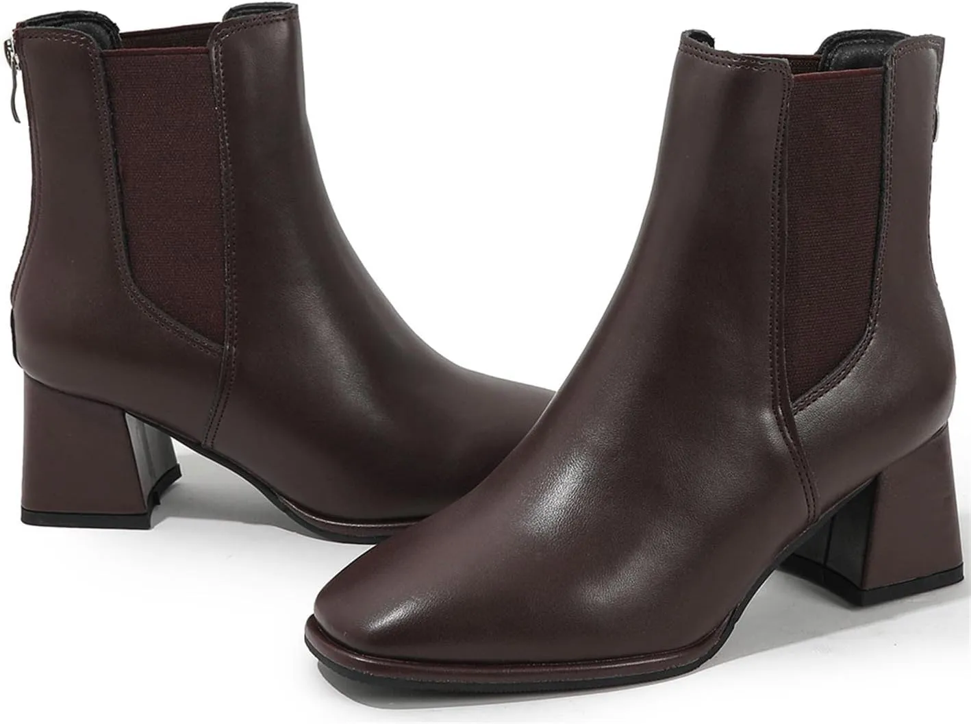 Womens Square Toe Ankle Boots Back Zipper Chunky Heel Chelsea Booties