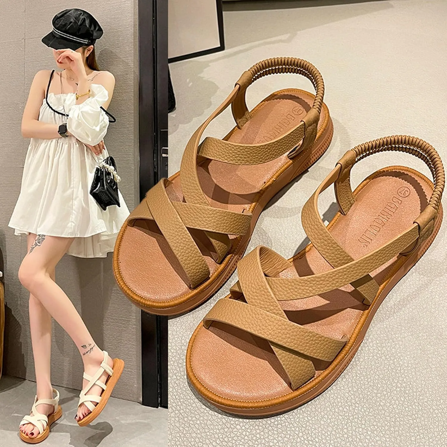 Women's strappy flat sandals Comfor Slip On Round open toe Elastic Ankle Strap soft sole Comfortable dressy Slides Sandals For Beach walking