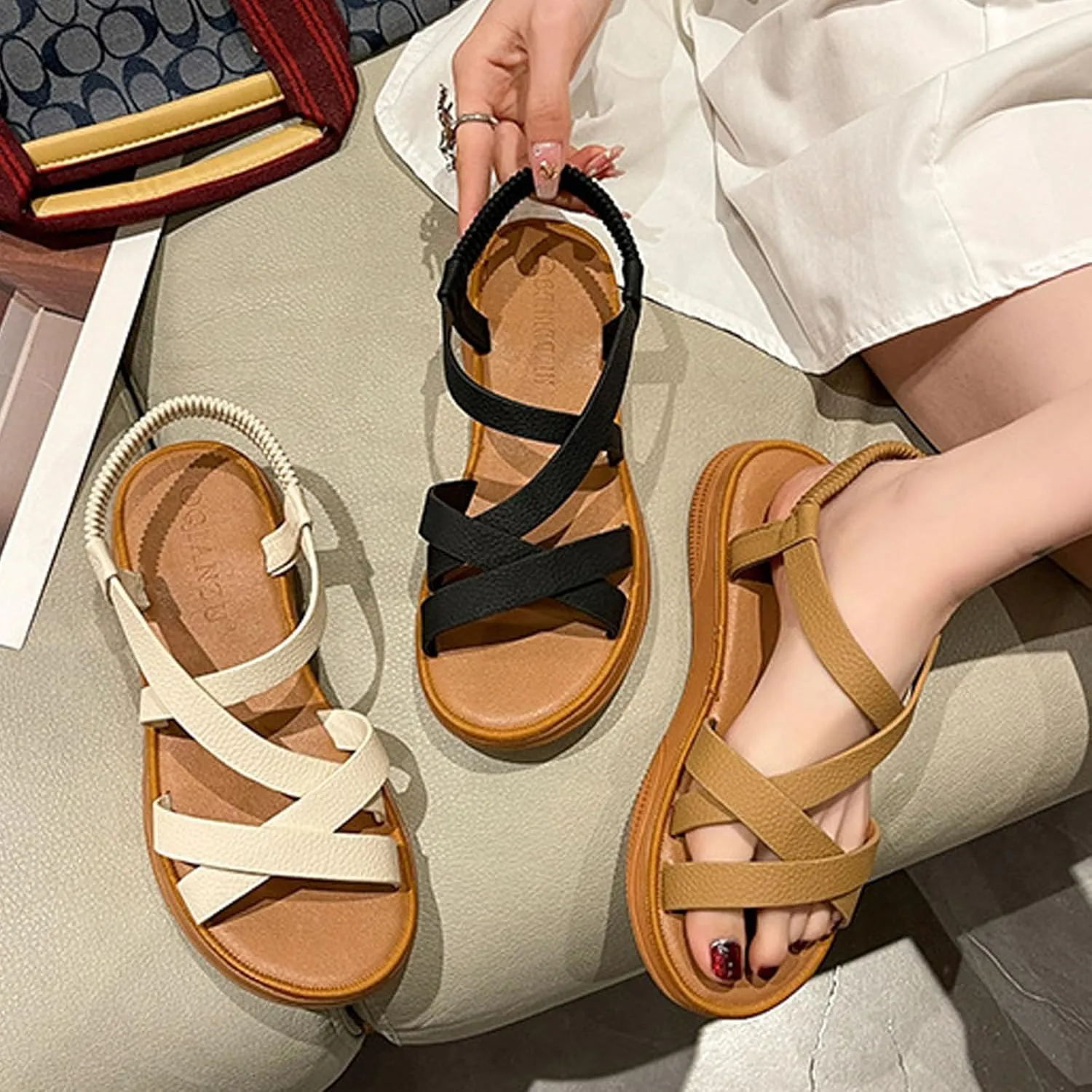 Women's strappy flat sandals Comfor Slip On Round open toe Elastic Ankle Strap soft sole Comfortable dressy Slides Sandals For Beach walking