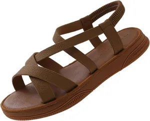 Women's strappy flat sandals Comfor Slip On Round open toe Elastic Ankle Strap soft sole Comfortable dressy Slides Sandals For Beach walking
