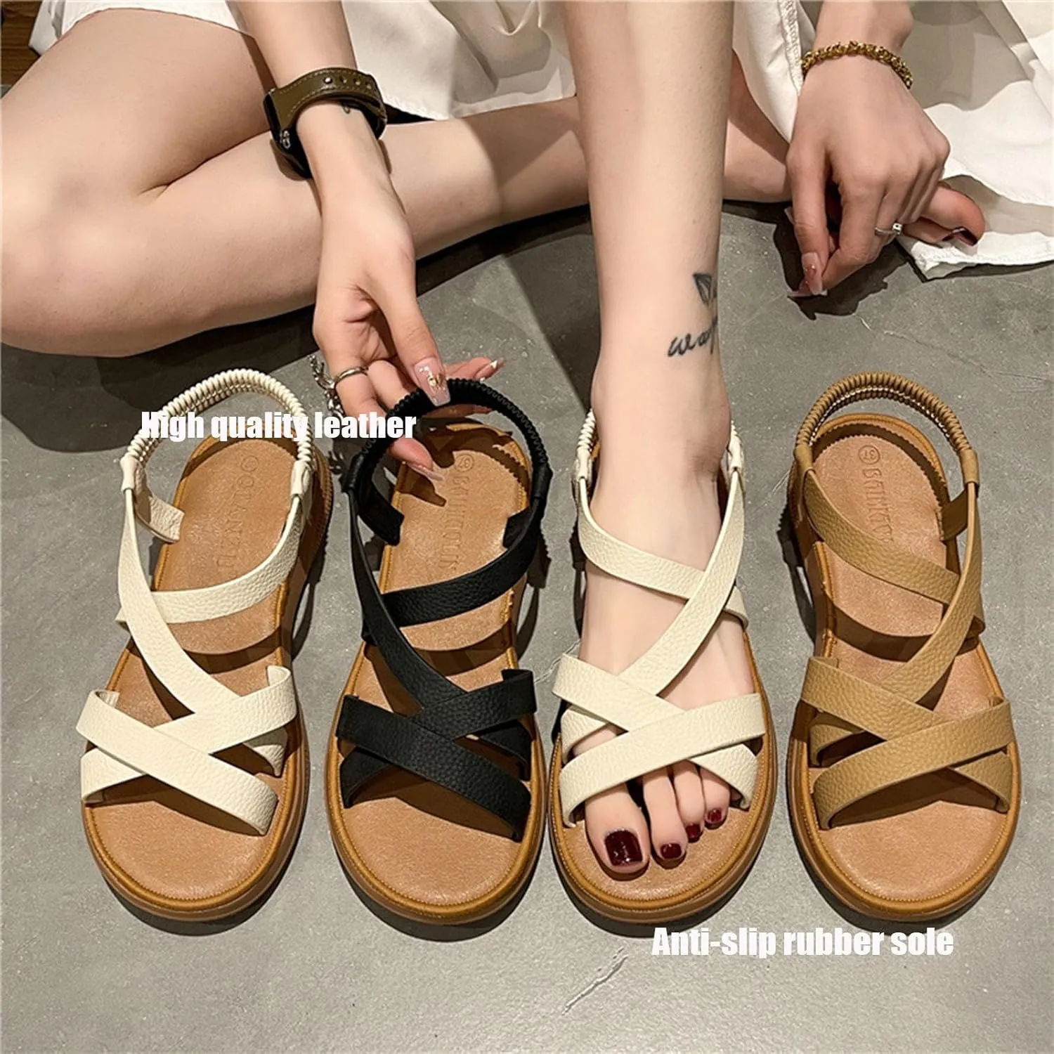 Women's strappy flat sandals Comfor Slip On Round open toe Elastic Ankle Strap soft sole Comfortable dressy Slides Sandals For Beach walking