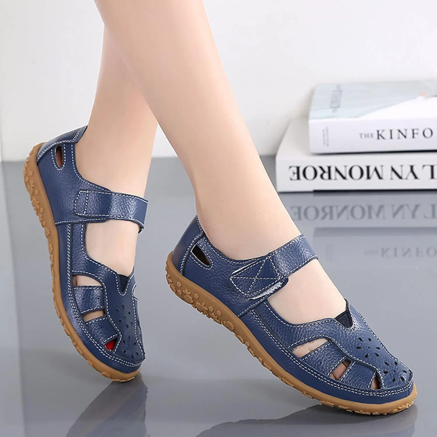 Women's Summer Casual Closed Toe Leather Sandals,Comfortable Soft Sole Ankle Strap Mary Jane Orthopedic Beach Shoes