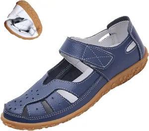 Women's Summer Casual Closed Toe Leather Sandals,Comfortable Soft Sole Ankle Strap Mary Jane Orthopedic Beach Shoes