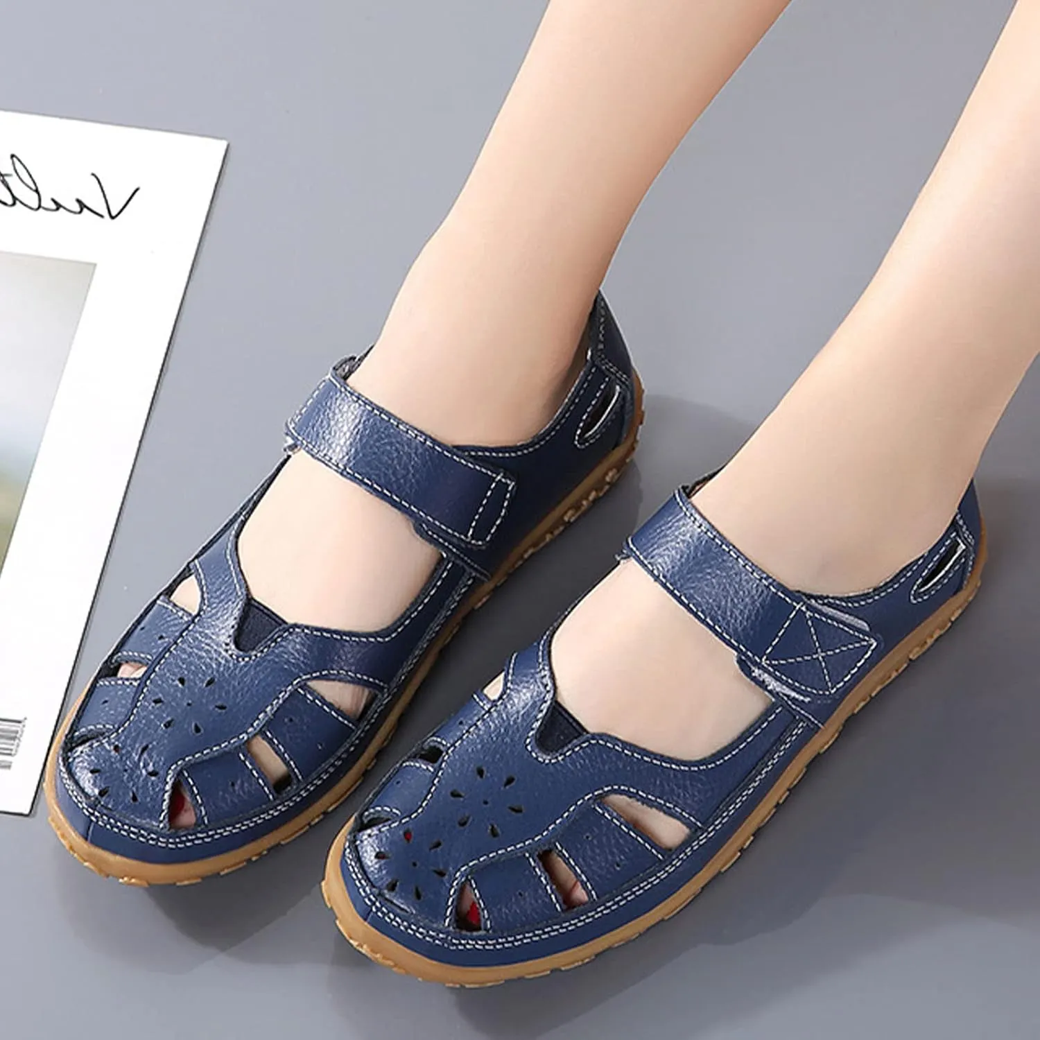 Women's Summer Casual Closed Toe Leather Sandals,Comfortable Soft Sole Ankle Strap Mary Jane Orthopedic Beach Shoes