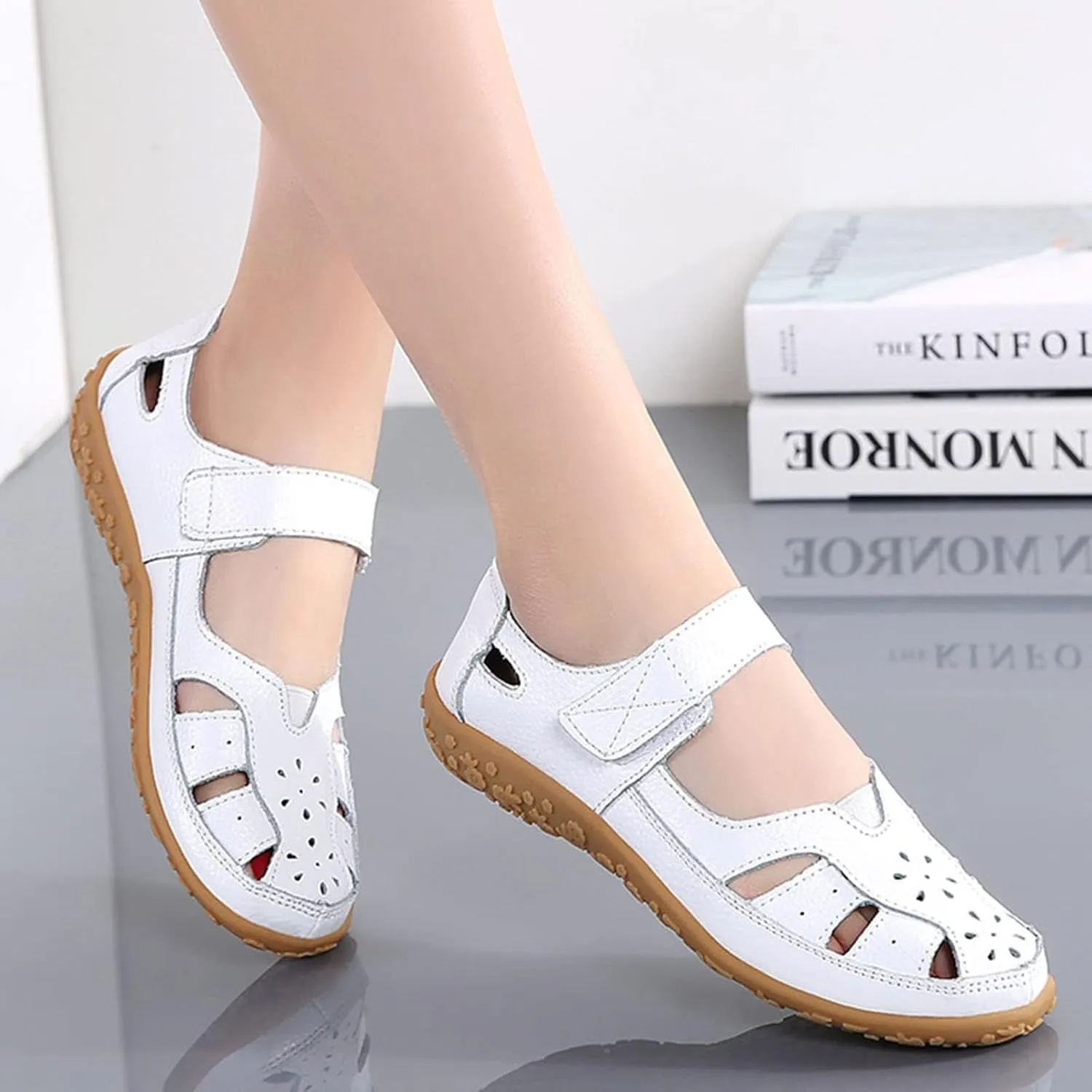 Women's Summer Casual Closed Toe Leather Sandals,Comfortable Soft Sole Ankle Strap Mary Jane Orthopedic Beach Shoes