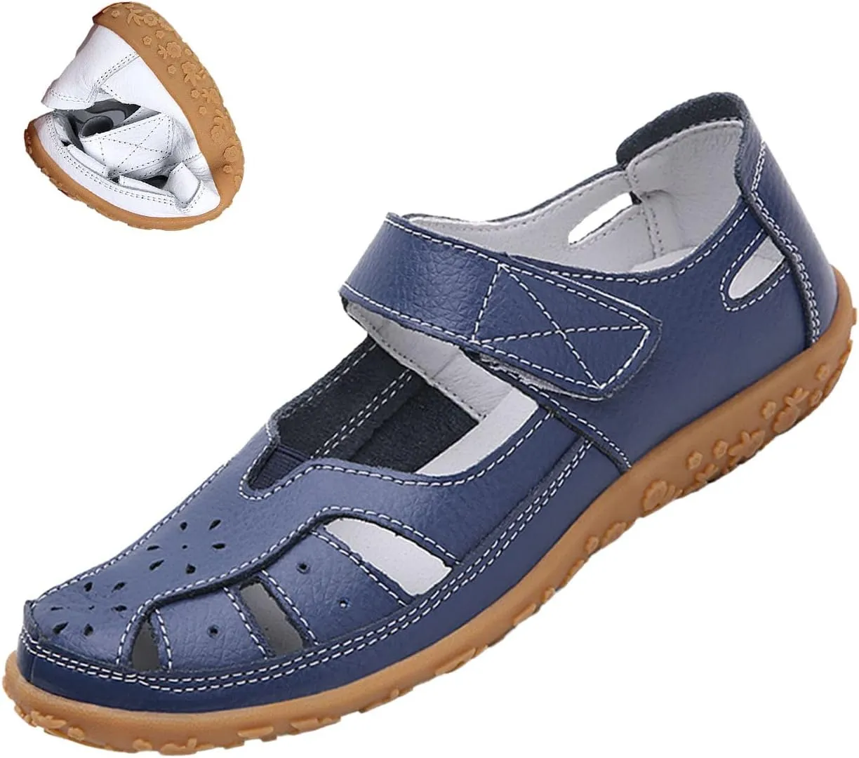 Women's Summer Casual Closed Toe Leather Sandals,Comfortable Soft Sole Ankle Strap Mary Jane Orthopedic Beach Shoes