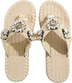 Women's Summer Slide Sandals with Unique Sparkling Rhinestones and Pearls Decor Round Open Toe Casual Flat Beach Sandals for Summer Daily Wear