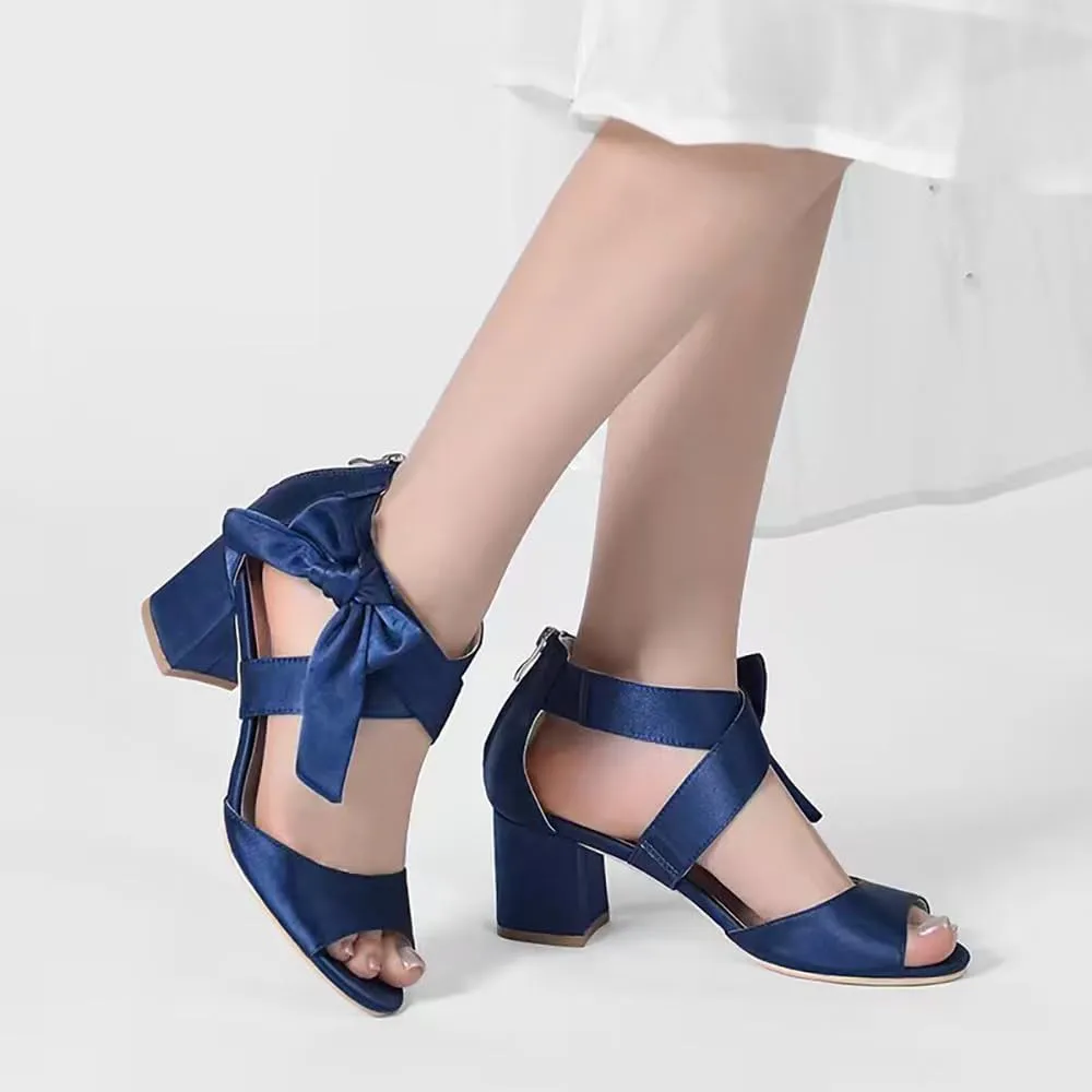 Women's Thick Heel Sandals Satin Evening Dress Shoes with Soft Bowknot