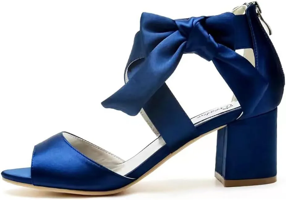 Women's Thick Heel Sandals Satin Evening Dress Shoes with Soft Bowknot